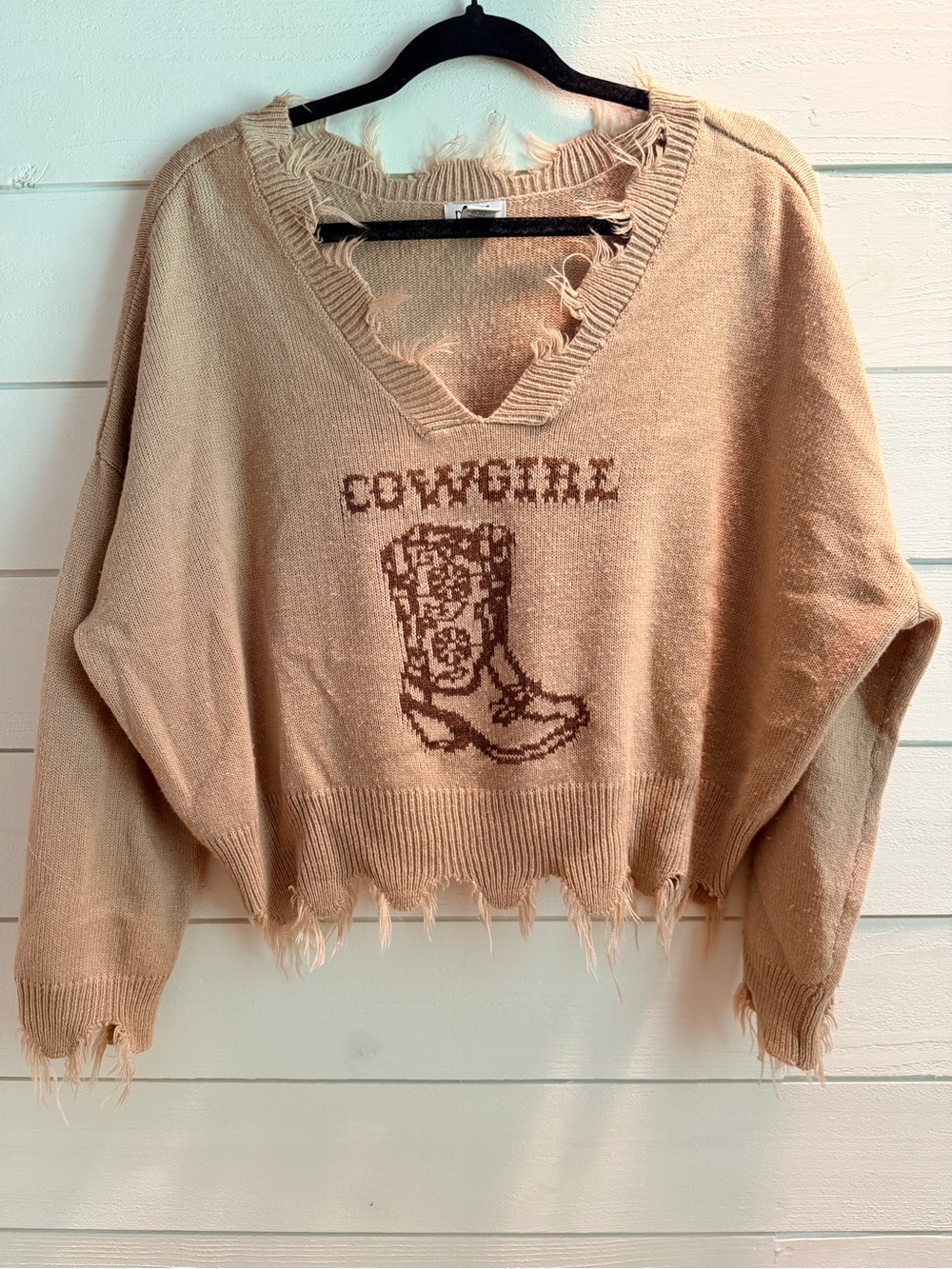 Rue21 Tan Distressed Cowgirl Boot V-Neck Sweater